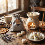 Beauty Scents wax melts with red pepper and greens arranged on a wooden table, with a pink linen bag featuring a brown tag in the background.