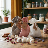 Beauty Scents Loose wax melts with rose petals and three linen bags in grey, pink, and white, arranged in a cozy workshop setting.